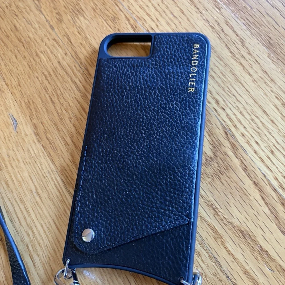 Bandolier Crossbody Phone Case Black Pebbled Leather Silver‎ Studs iPhone +8
